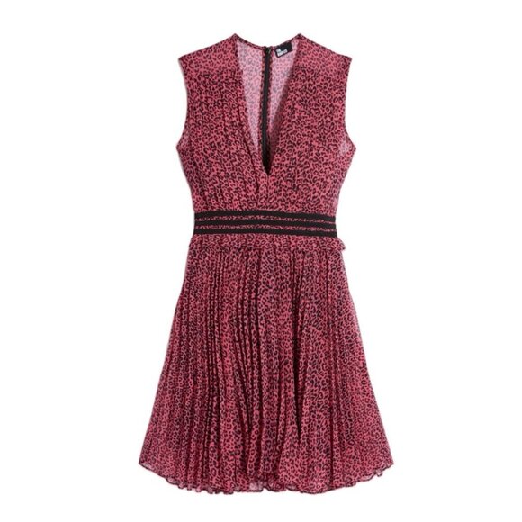 NWT THE KOOPLES Short Pleated Pink & Black Leopard Print Dress Deep V-Neck Sz 6 - Picture 7 of 15